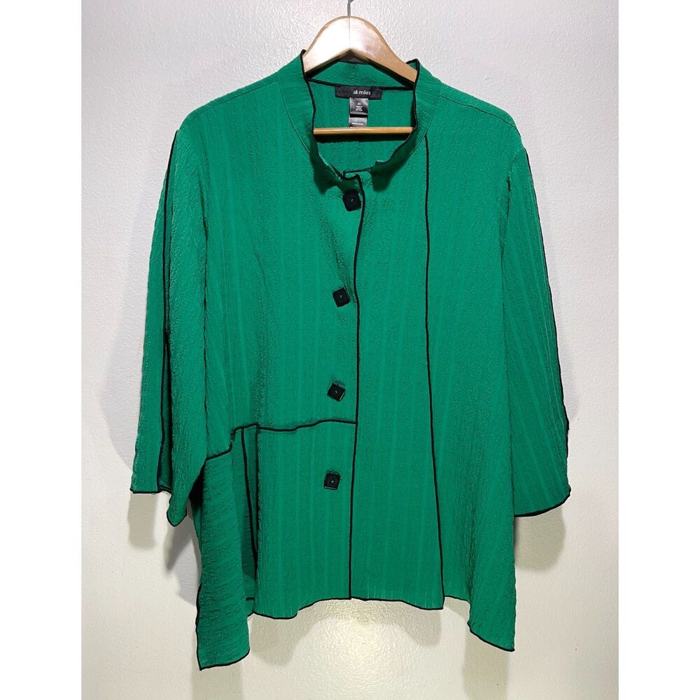 Ali Miles button up shirt art to wear lagenlook green casual festive women 3X